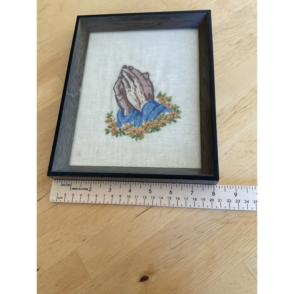 Handmade Praying Hands Vintage Tapestry Framed Artwork 8x10